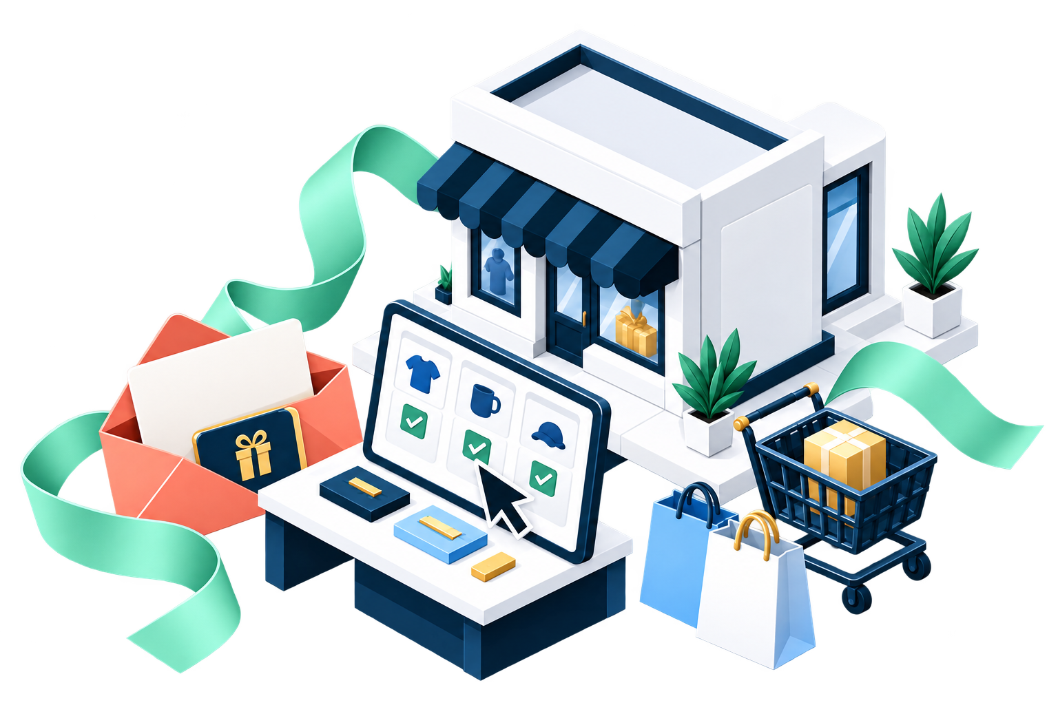 An illustrated navy-and-white store with a gift card, product-editing workbench, shopping cart and offer bags.