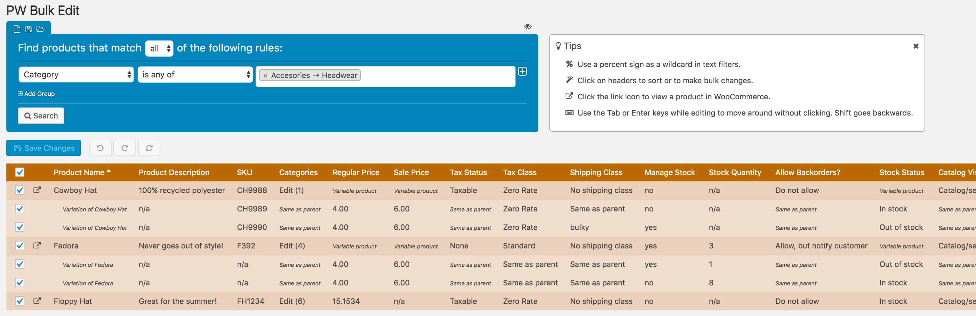 Captura de tela de edição em massa do PW WooCommerce