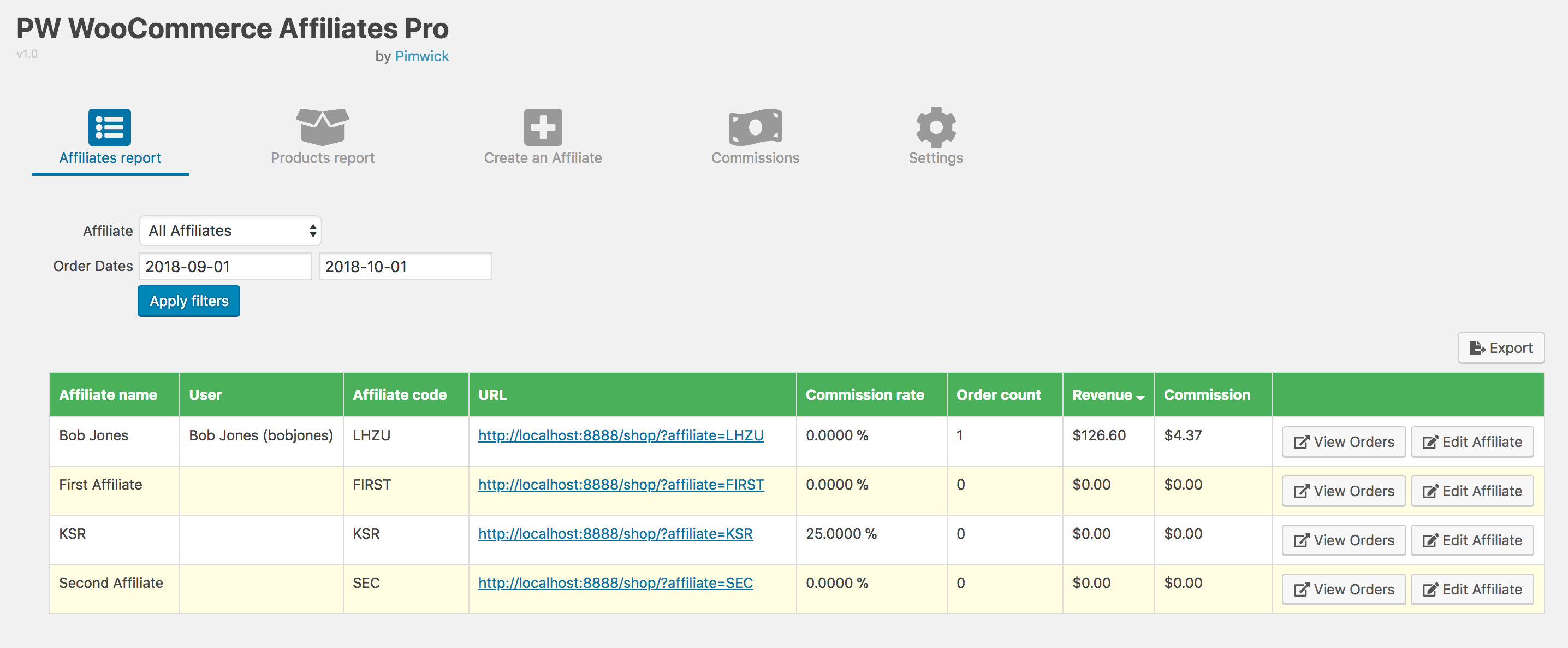 Afiliados WooCommerce - Captura de tela