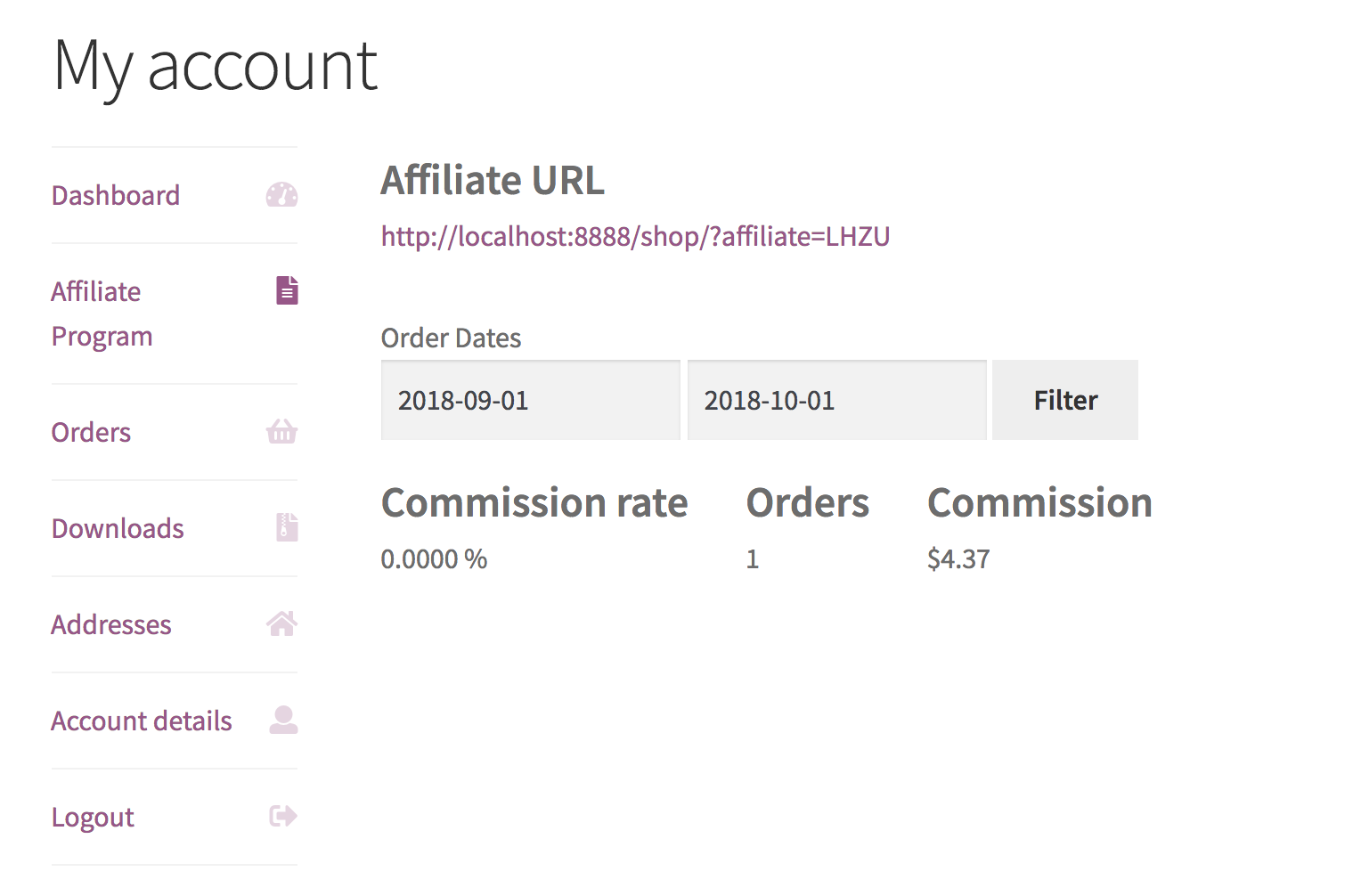 Afiliados WooCommerce - Captura de tela
