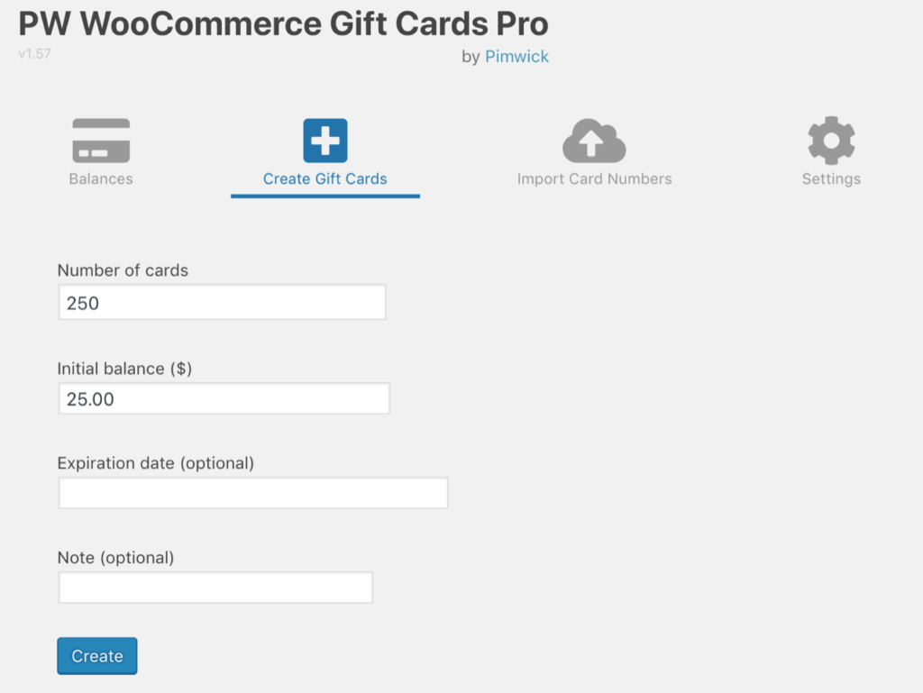 Bulk Create Gift Cards Pimwick