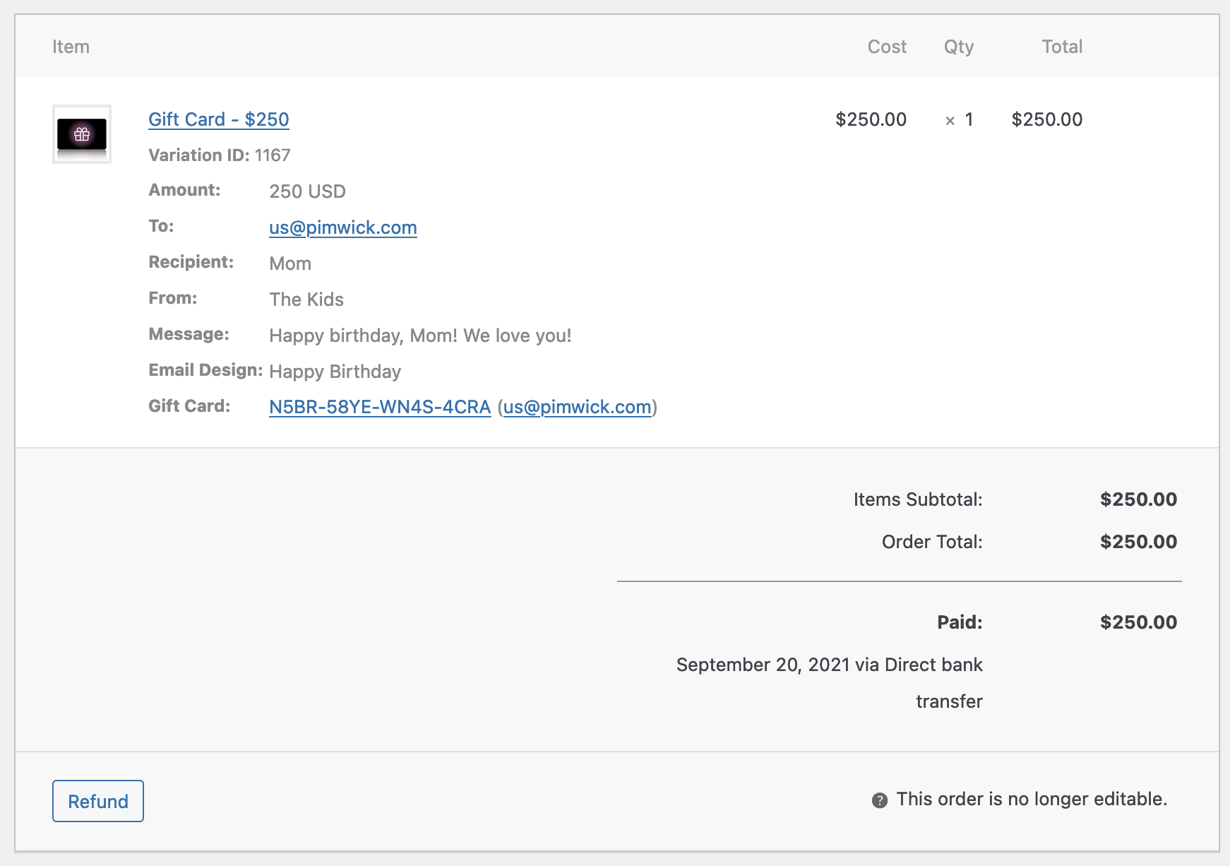 Cartões-presente WooCommerce - Captura de tela